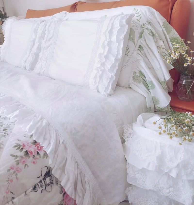 QSH Queens House White Ruffle Pillow Shams Cotton Vintage Embroidery Lace Pillowcases King Size Set of 2 - Image 3